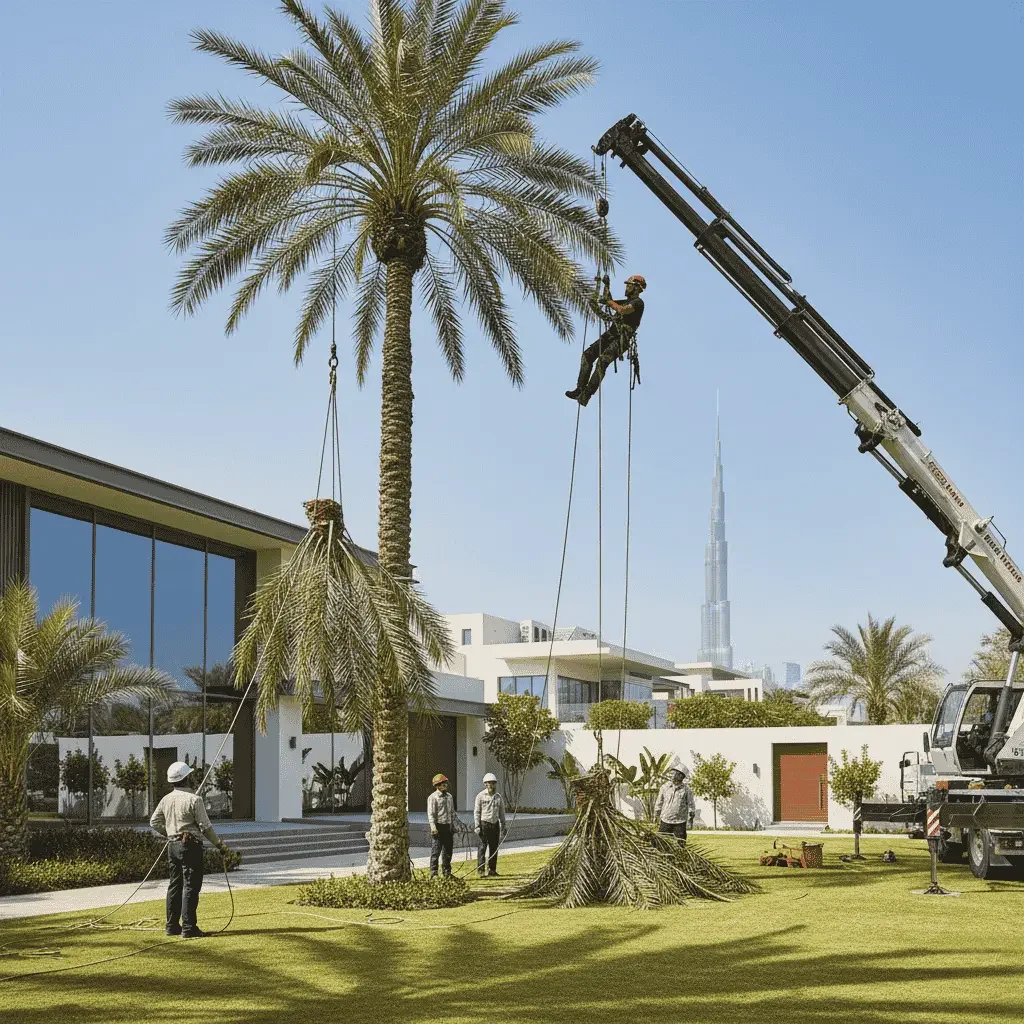 Arborist removing a date palm tree in a Dubai villa using a crane and safety harness